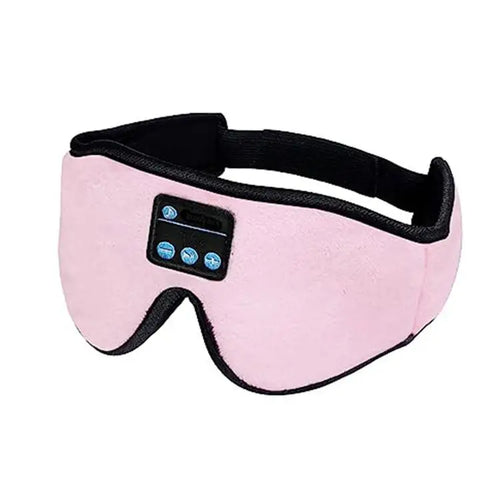 DreamWave sleep mask in soft pink with Bluetooth controls for relaxing sleep and music.